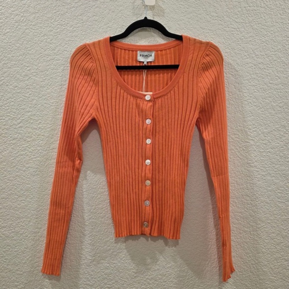 FRNCH Paris Samantha‎ MS22-19 Orange Ribbed Knit Button Front Cardigan Womens M